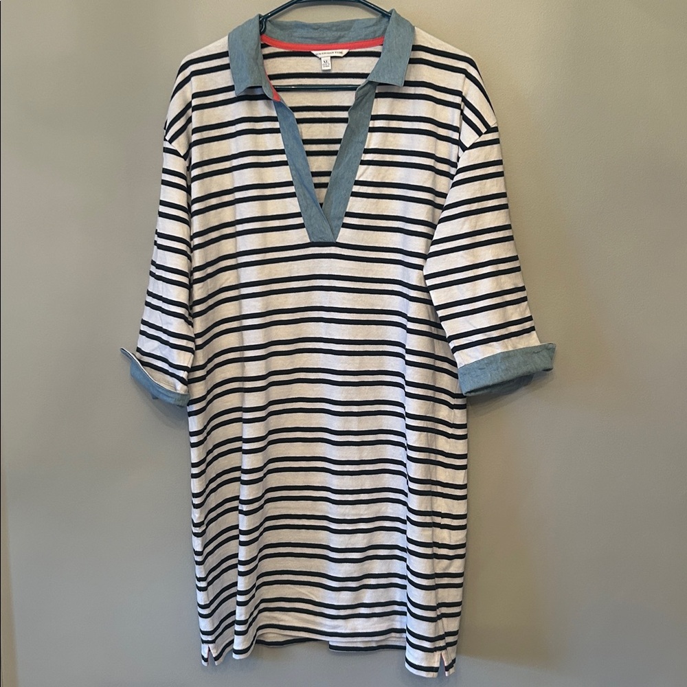 Southern Tide Carolena Stripe Shirt Dress, Navy, White, and Chambray, Size XL